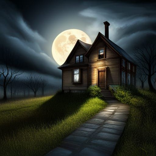 Creepy Suburban House with Ghostly Shadow