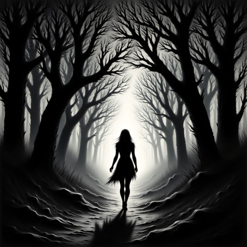 Woman Walks Through Sunlit Grove in German Expressionist Sty...