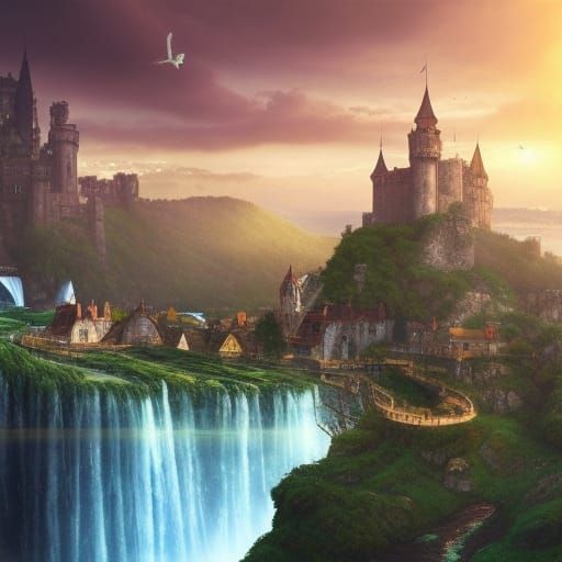Fantasy Medieval City with Waterfall Castle