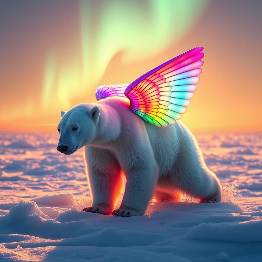 Majestic Rainbow Polar Bear in Ethereal Sunrise