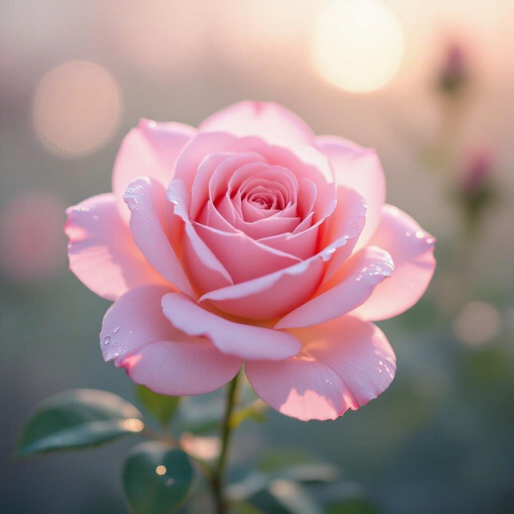 Delicate Pink Rose in Bloom with Dew Drops