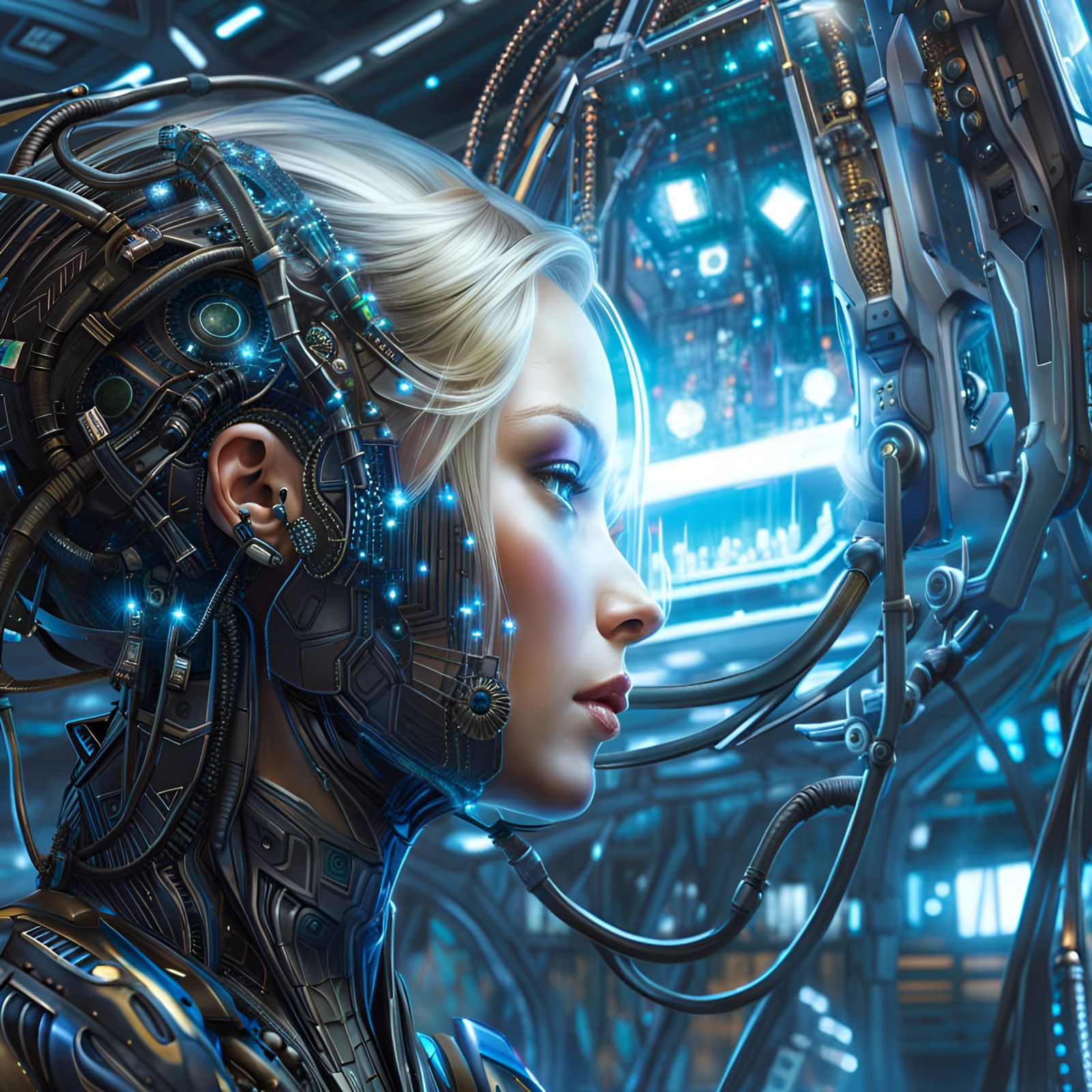 Glass Borg Girl Being Repaired in Sci-Fi Workshop
