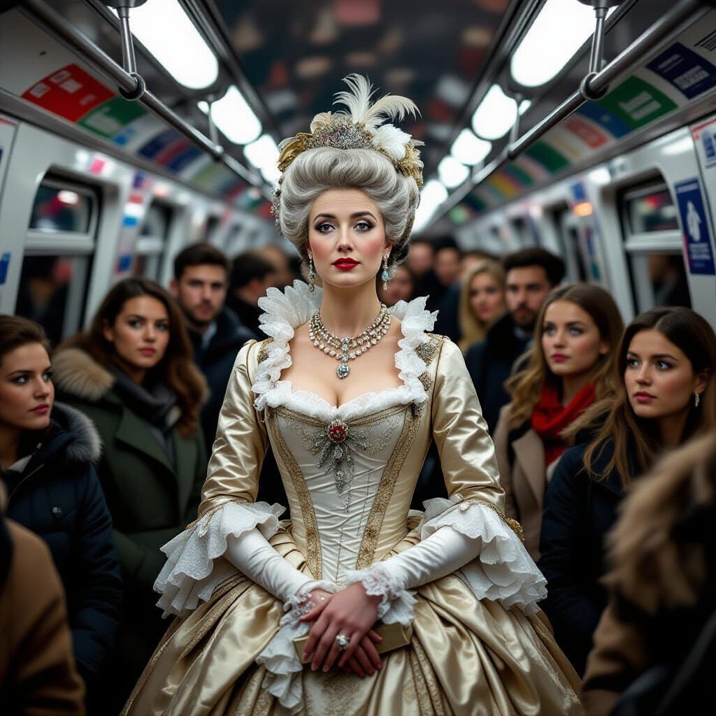 Bewildered Noblewoman in Paris Metro: A Photorealistic Scene