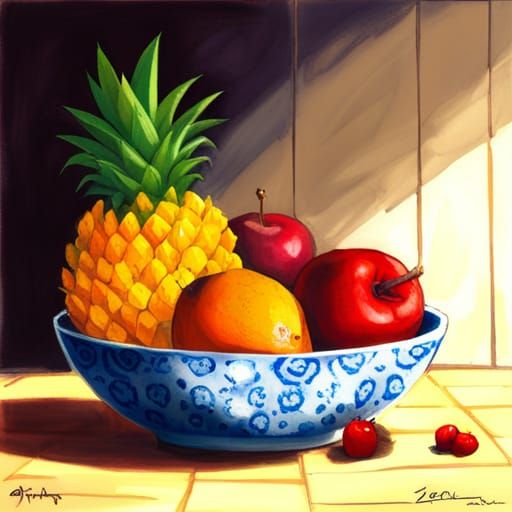 Tropical fruit bowl still life.