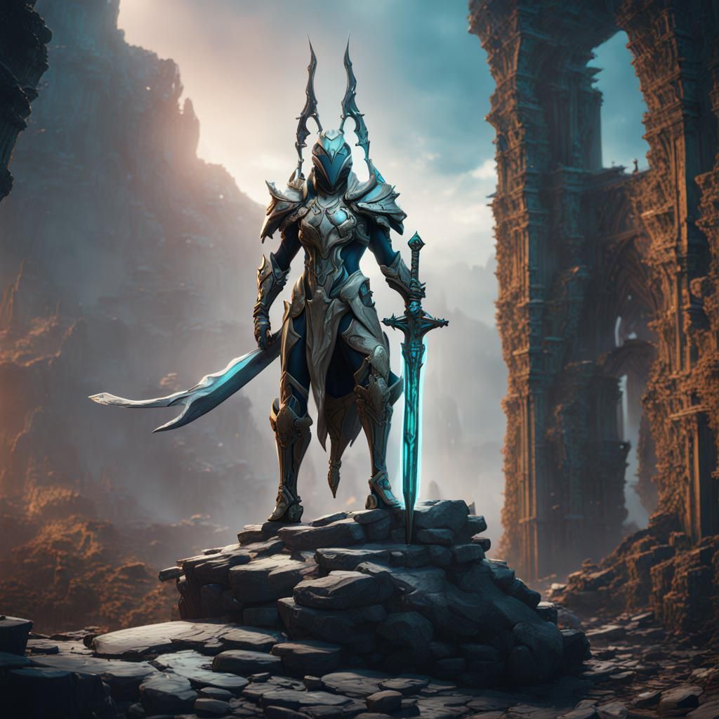 Warframe Excalibur on Ruins: Detailed Matte Painting