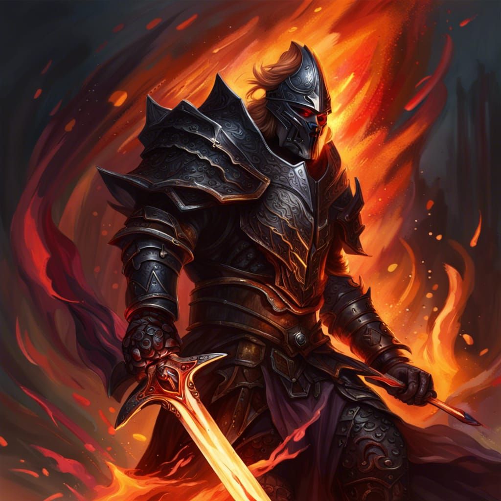 Dark Paladin with Flaming Sword in Hyperrealistic Style