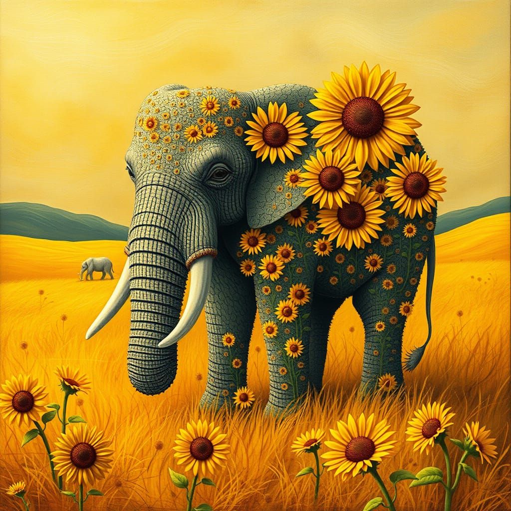 Sunflower Elephant in Surreal Dreamscape