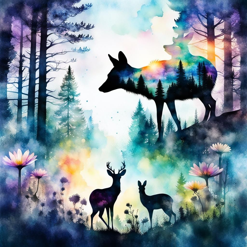 Spring Forest Double Exposure in Pablo Amaringo Style