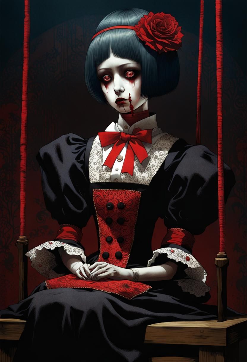 Creepy Button-Eyed Marionette Doll in Horror Manga Style