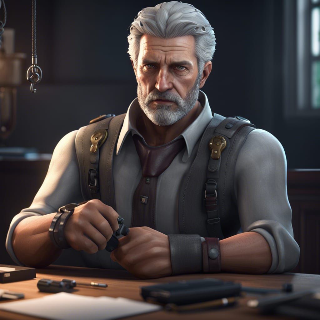 a short stout man gray hair, a round face gray stubble on chin, shoulder holster with pistol, sitting at desk, hangman's...