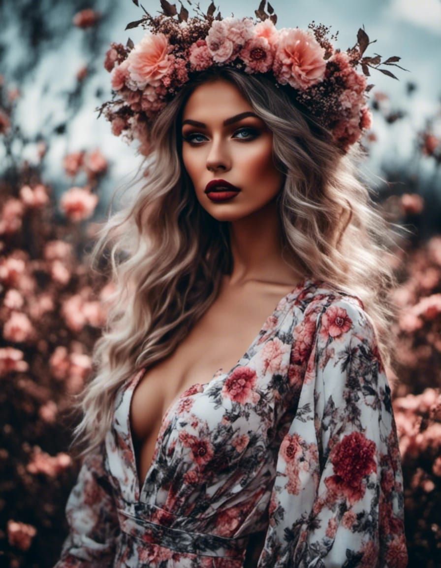 Stunning Woman in Floral Couture Portrait