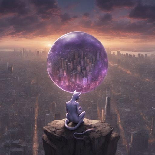 Mewtwo Holds Energy Orb Over City