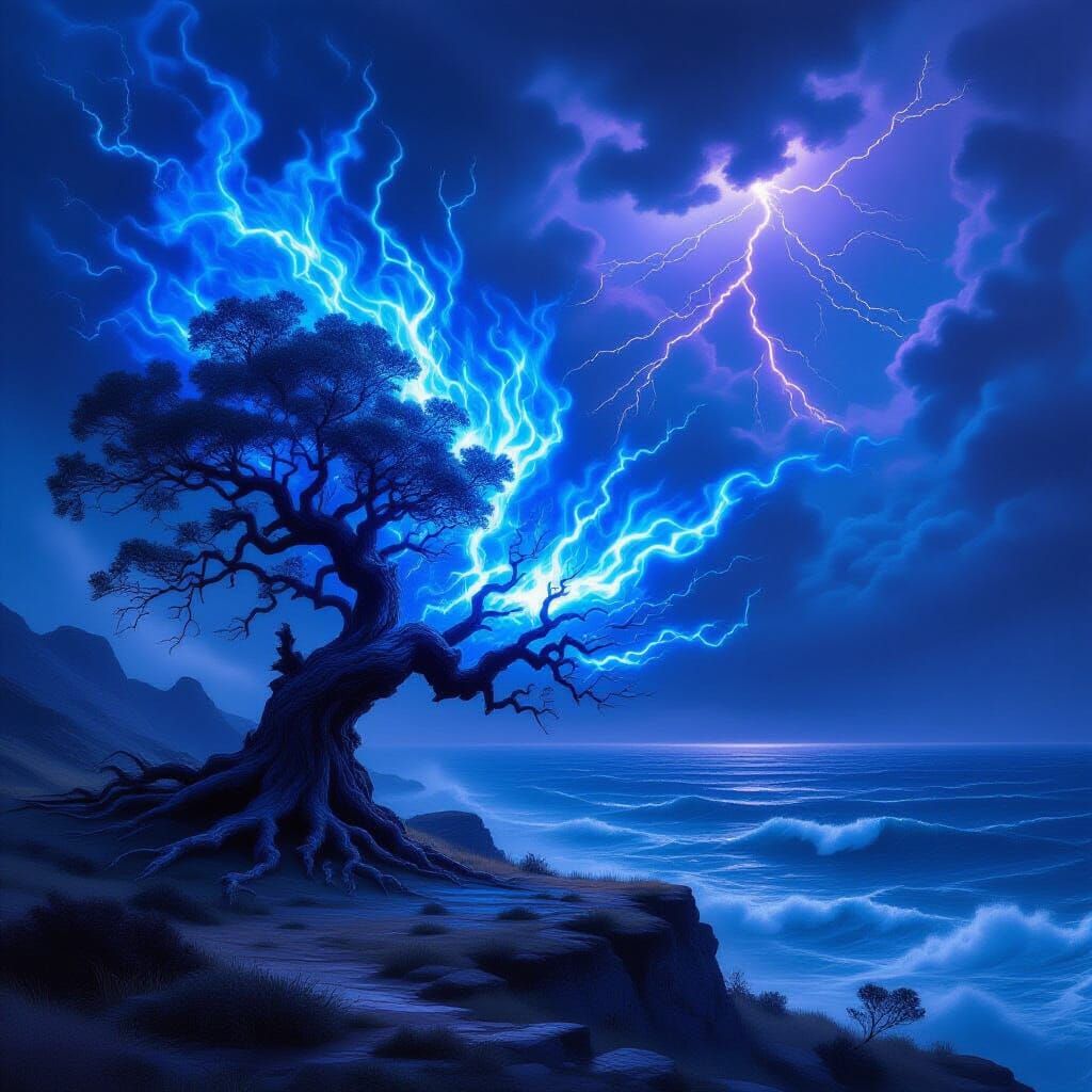 Surreal Cosmic Horror Tree Ablaze on Alien Shore