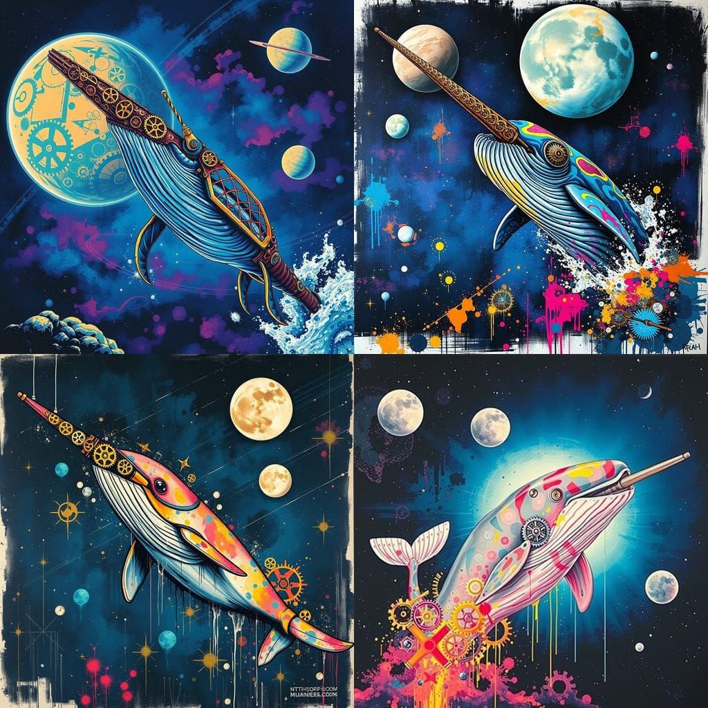 Steampunk Narwhal Breaching in Space: Graffiti Art