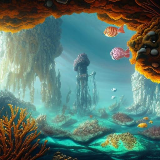 Coral City Inhabited by Crab People: Fantasy Art