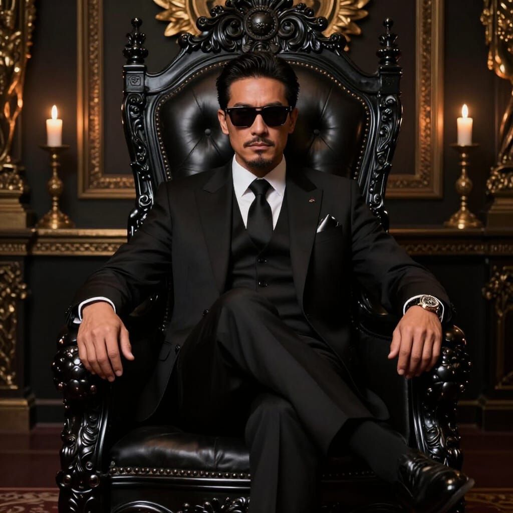Man in Suit on Ornate Throne with Luxury Details