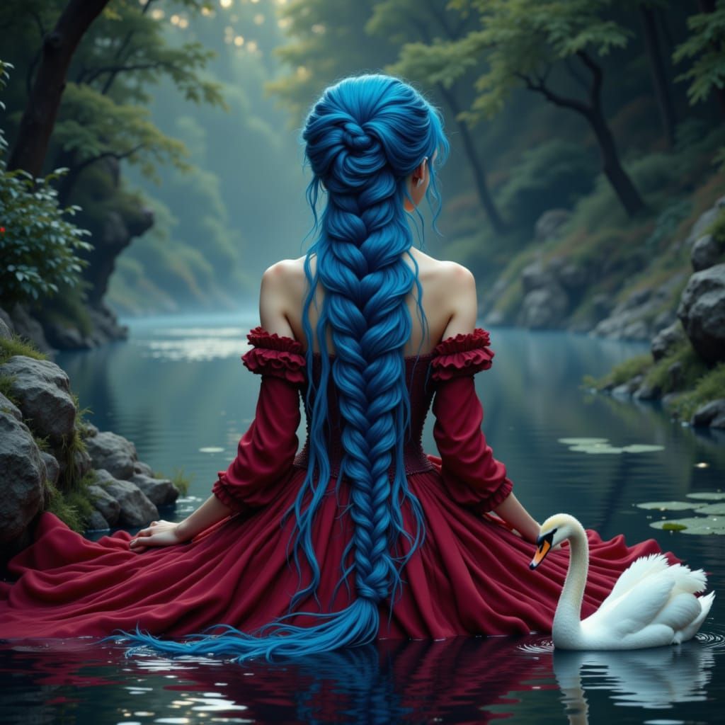 Blue-Haired Princess With Swan in Medieval Gown