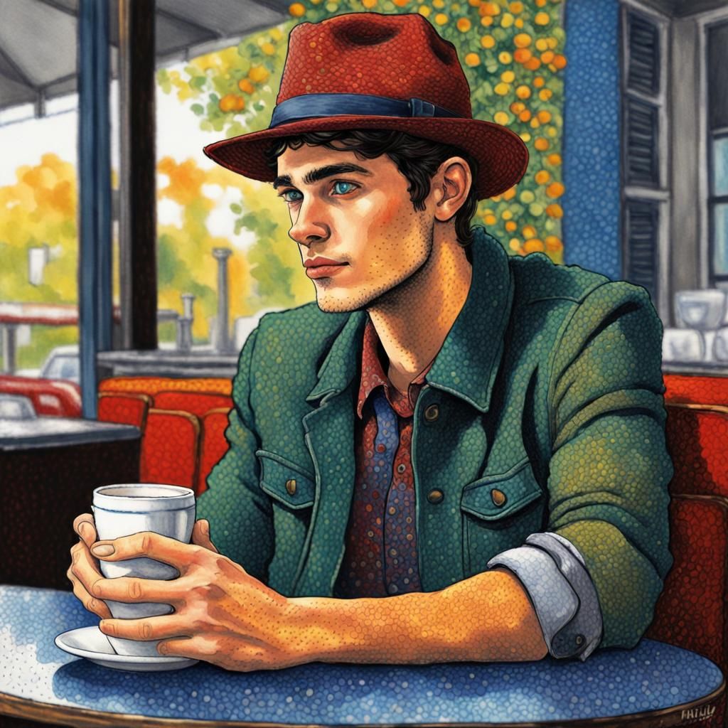 Pointillist Cafe Portrait with Vibrant Palette
