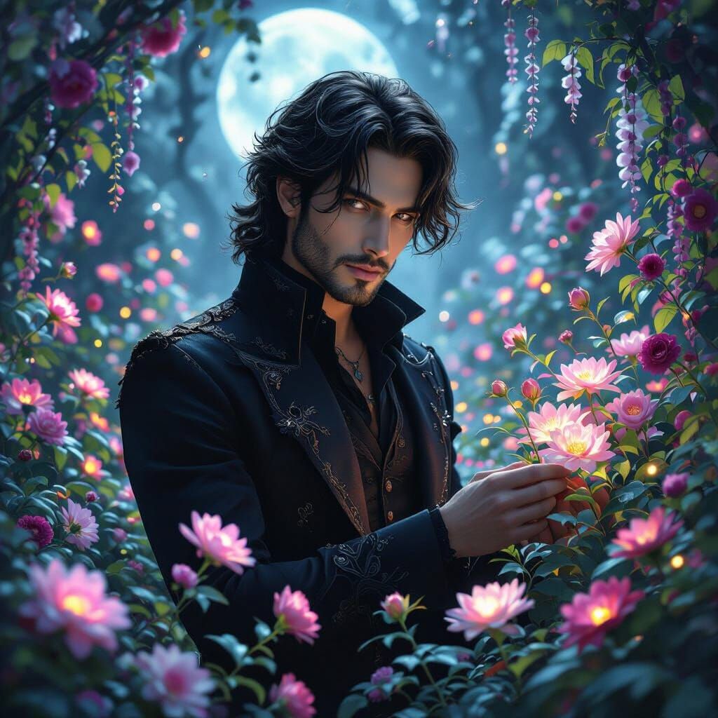 Gothic Man in Moonlit Garden with Bioluminescent Flora