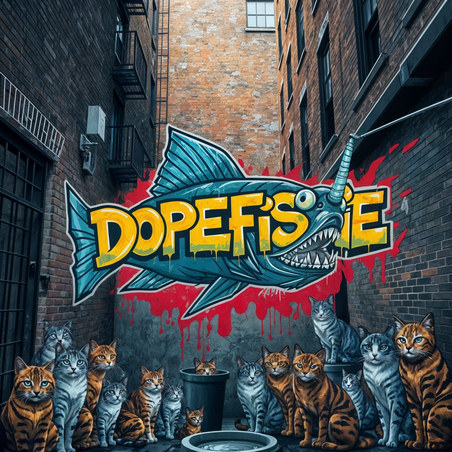Anglerfish Graffiti Mural with Cats in Street Art Style