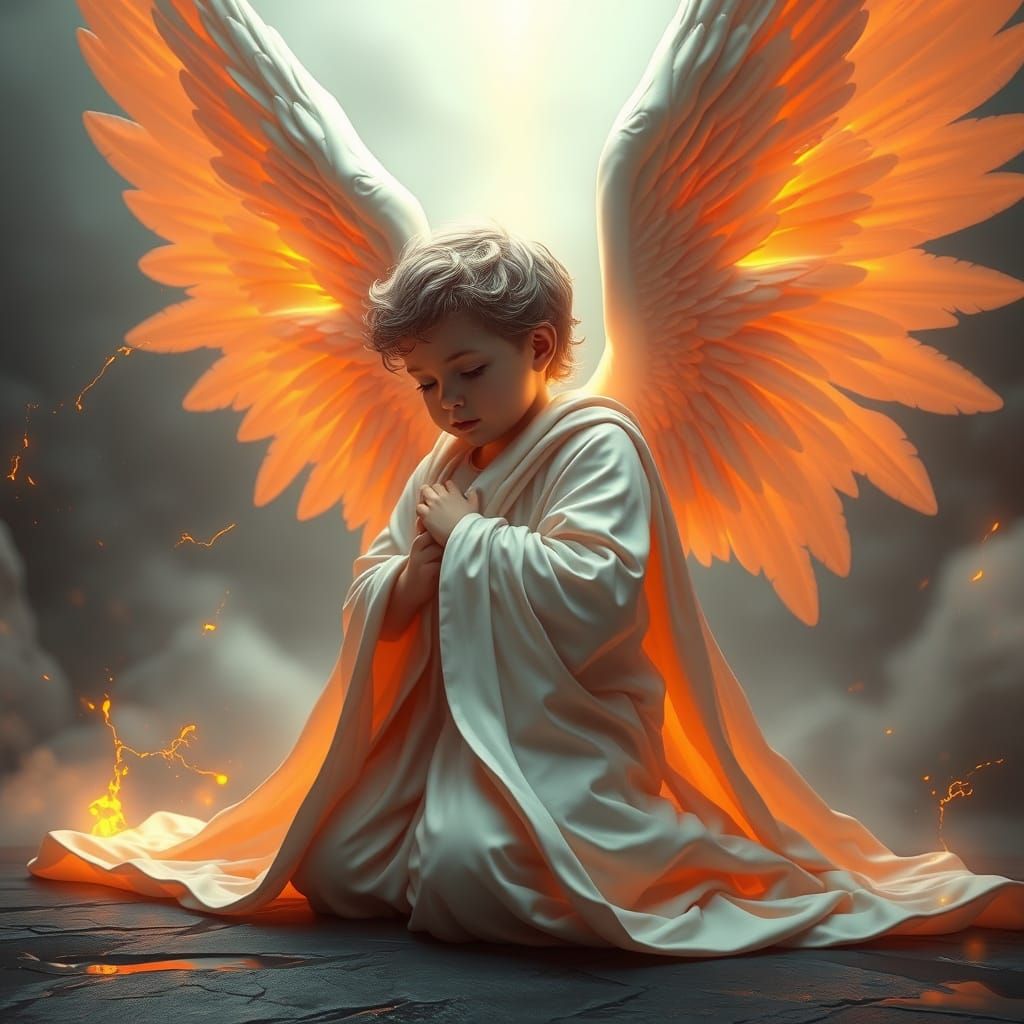 Heavenly Cherub Angel in Prayer, Radiant with Divine Light