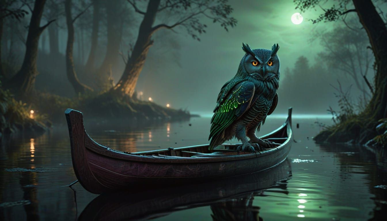 Elvish Owl Radiates Ethereal Light atop Haunted Canoe