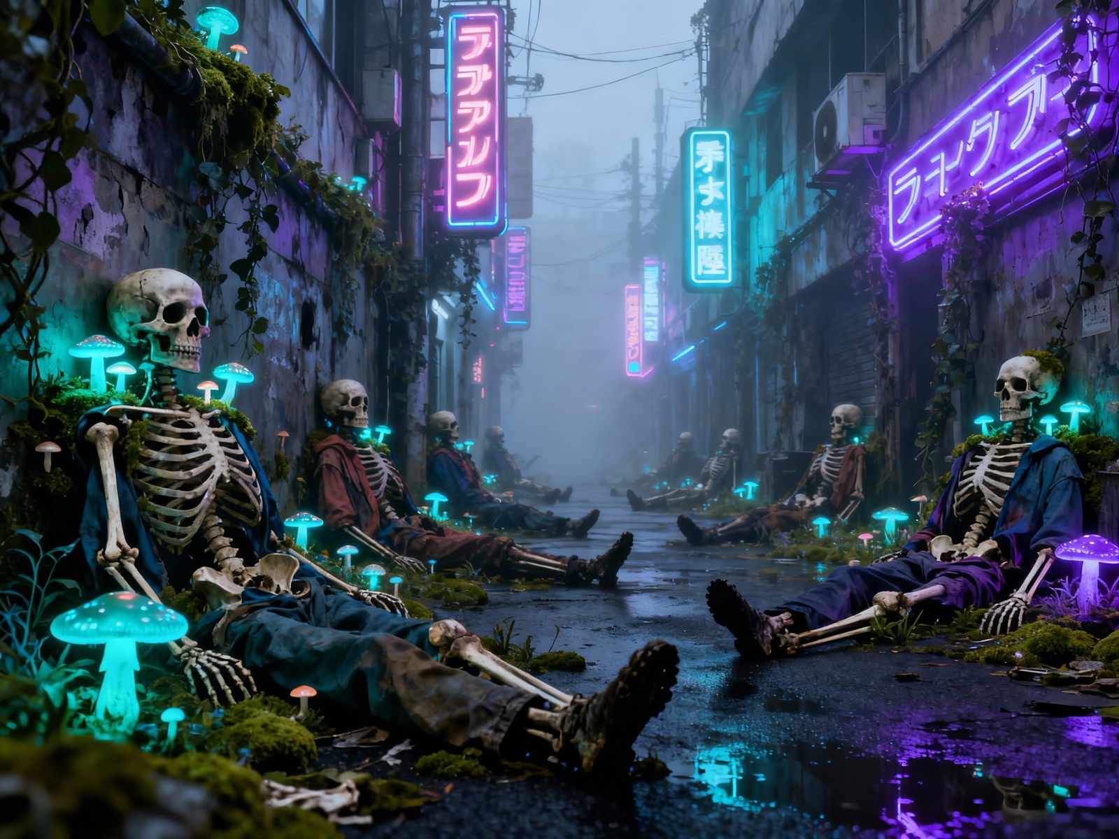 Cyberpunk Necropolis Alleyways With Neon Fungi