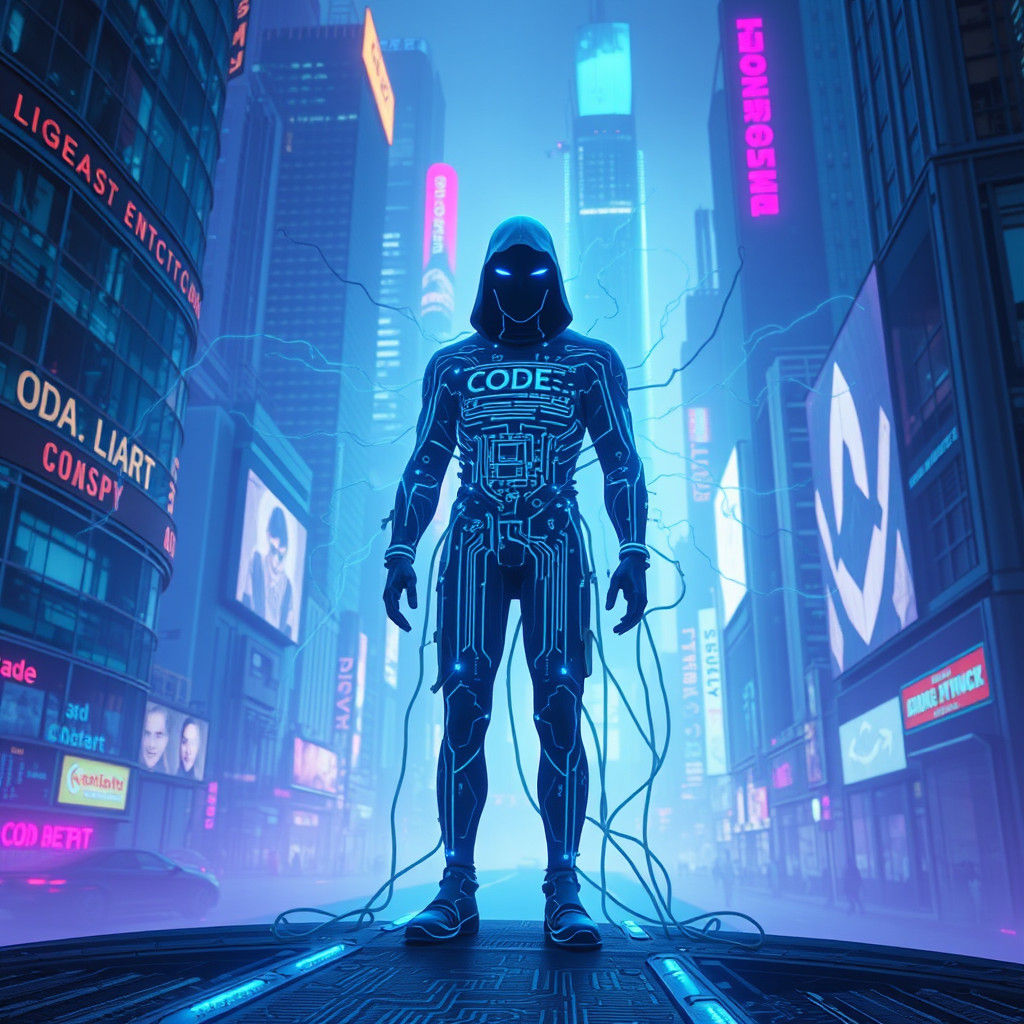 Code Personified in a Neon Cyberpunk Cityscape