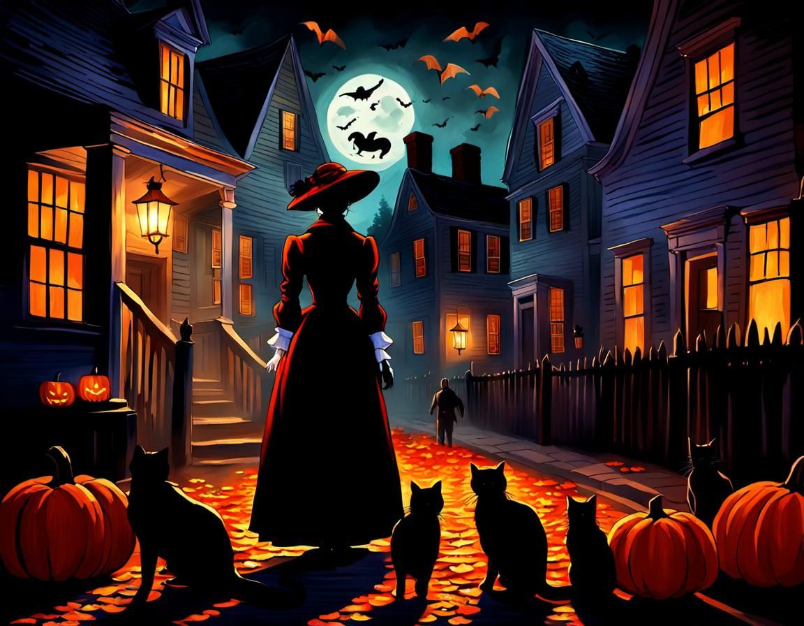 Colonial Woman in Salem on Halloween Night