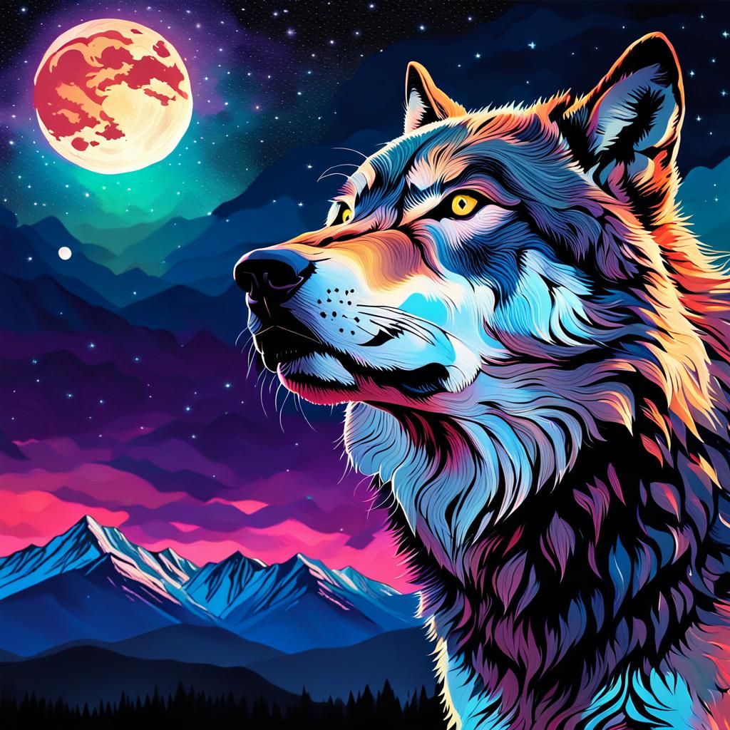Cosmic Wolf Under Moonlit Sky, Mixed Media Art
