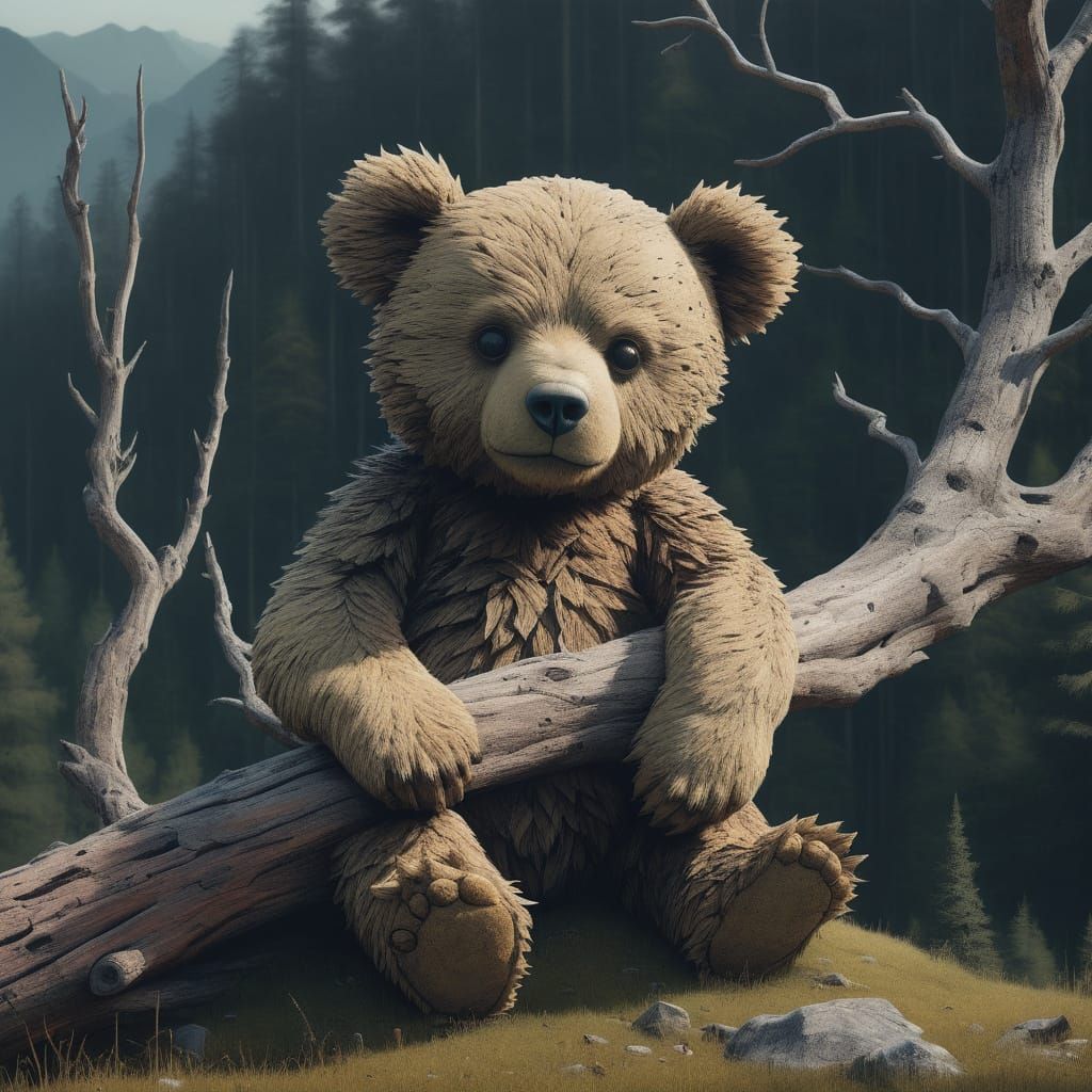 Whimsical Teddy Bear in Majestic Mountain Landscape