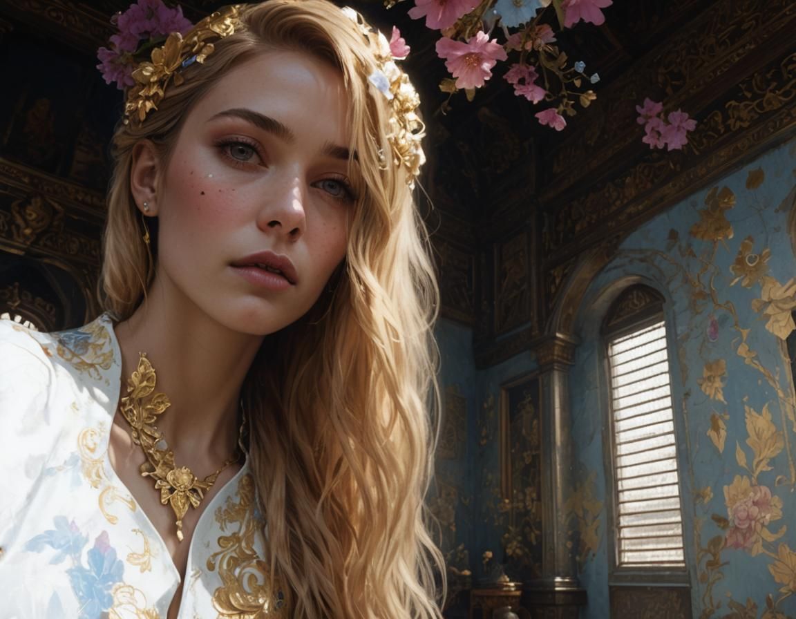 Fantasy Portrait with Gold Accents in Art Nouveau Style