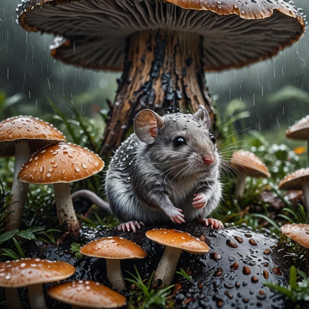 Mouse Under Mushroom in Rain: Hyperrealistic Image