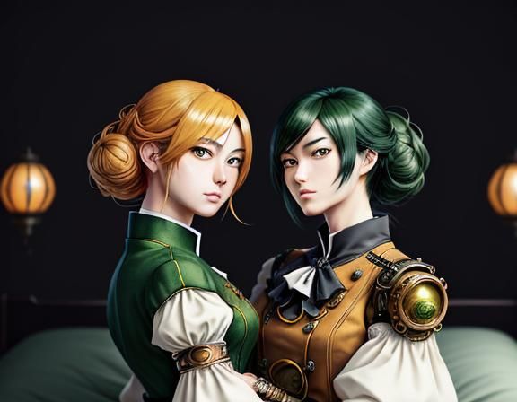 Kemono Twin Sisters Kiss in Steampunk Manga Style