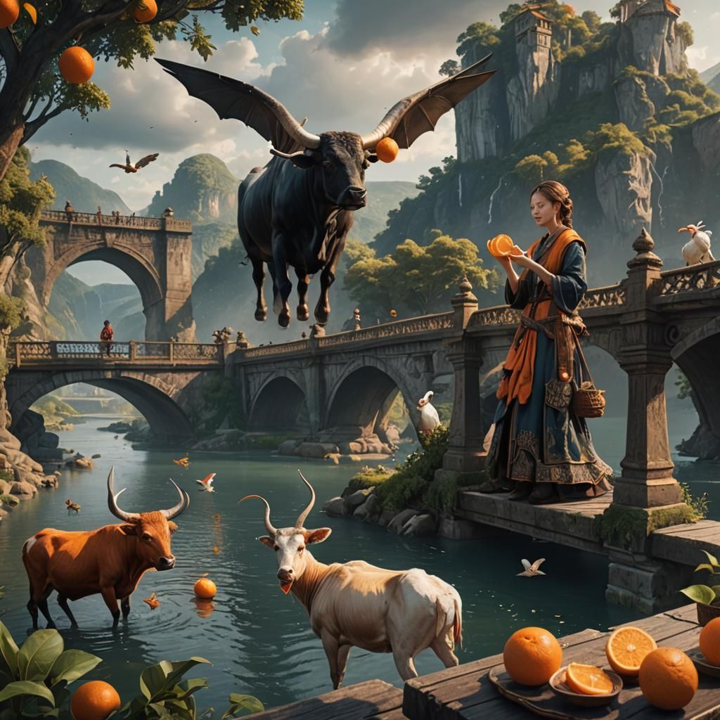 Woman, Orange, Ox, and Stork in Detailed Matte Painting