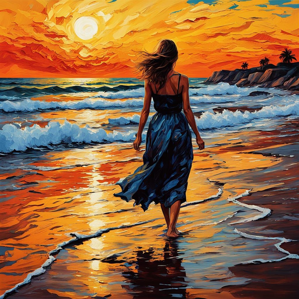 Woman on Sunset Beach as Impasto Oil Painting