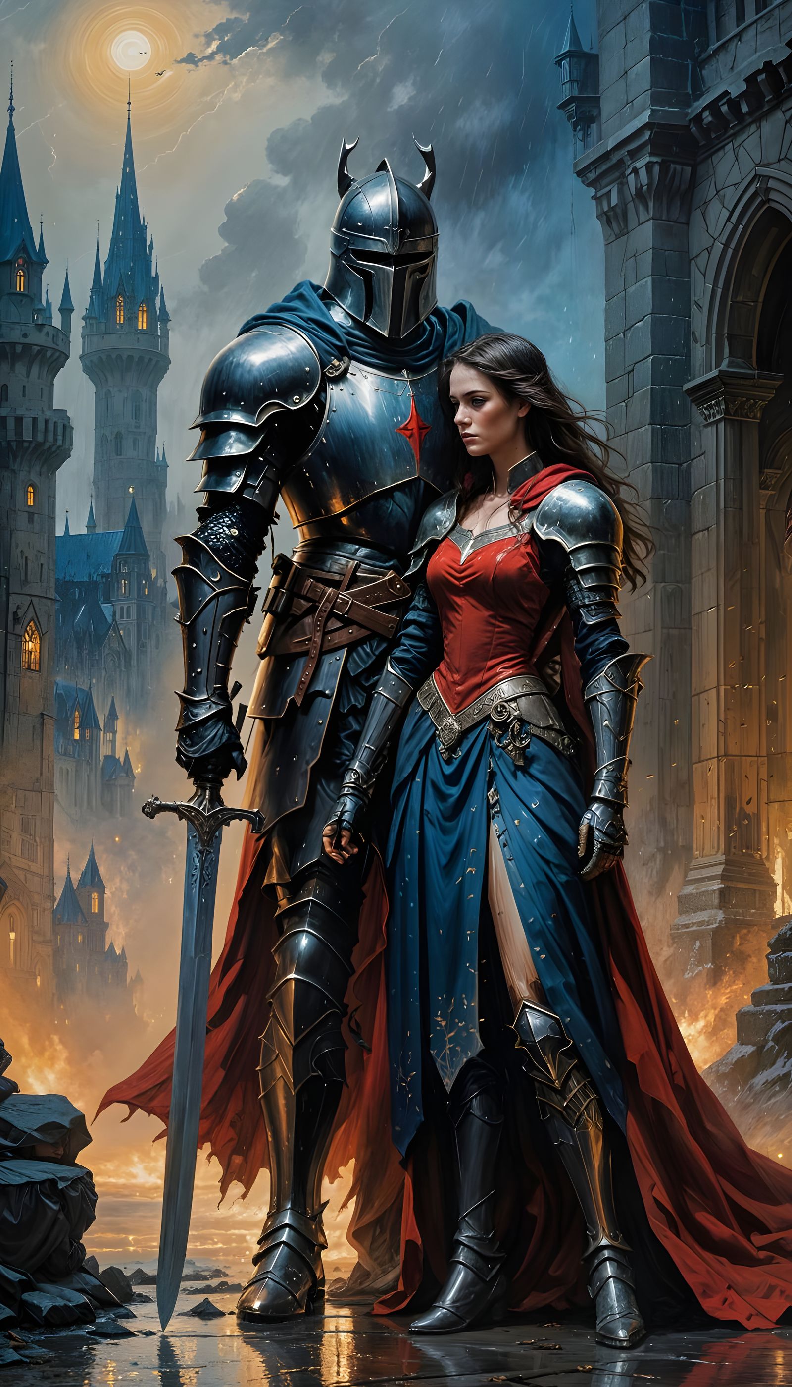 Knight and Princess in Rain, Oil Painting