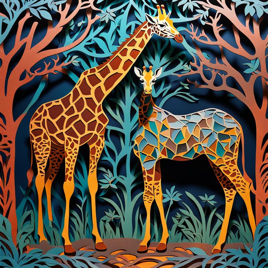 Colorful Art Nouveau Giraffes in Kirigami Linocut