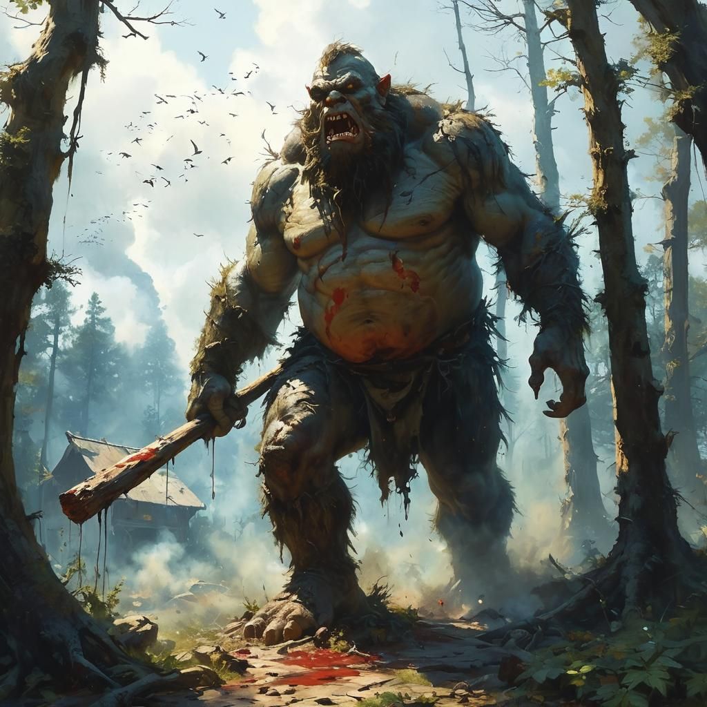 A towering ogre crashing through a forest