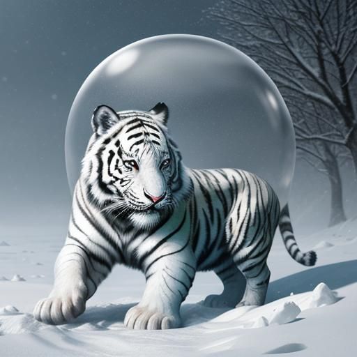 White Tiger in Snow Globe at Sunset