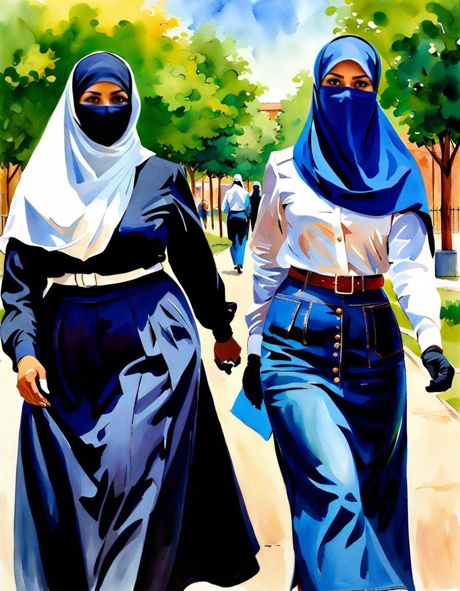 Niqabi Teachers in Schoolyard: Watercolor Head and Shoulders...