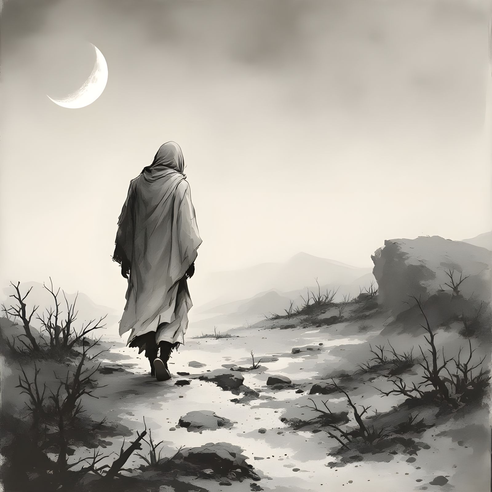 Lonely Figure Walks Away in a Desolate Monochrome Landscape