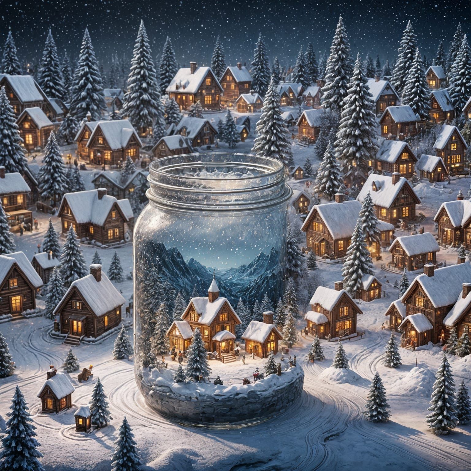 Christmas Village Inside Mason Jar: Detailed Matte Painting
