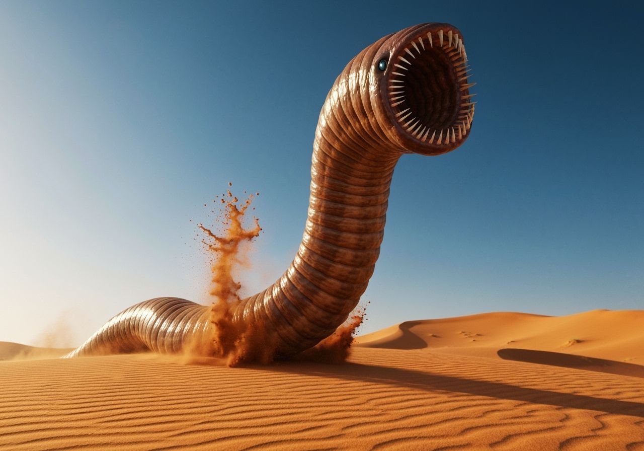 Colossal Dune Sandworm Mid-Flight Over Arrakis