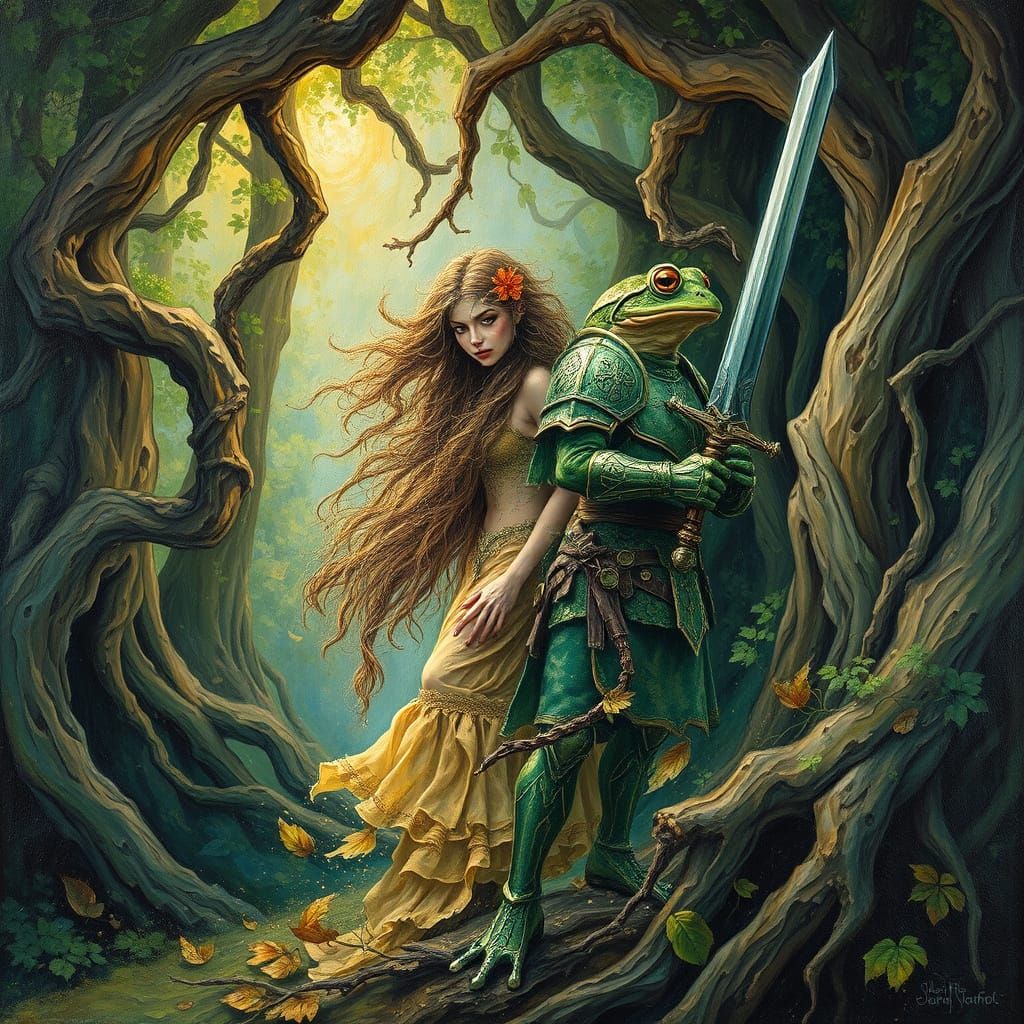Mystical Dryad and Frog Warrior in Impasto Oil Paint