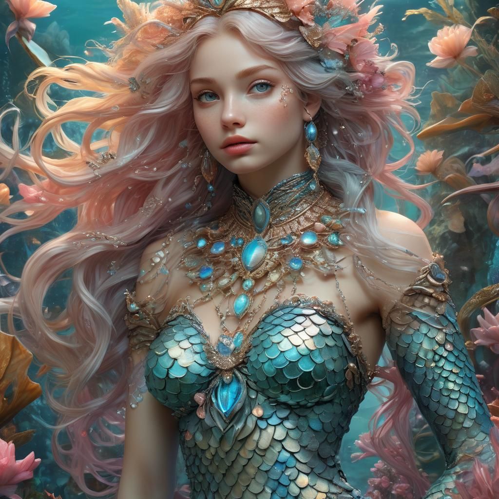 Pastel Mermaid Portrait with Shimmering Scales