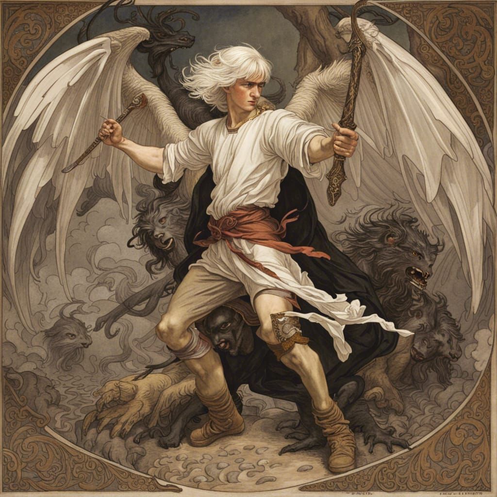 Warrior Angel Battling Demon in Illustrative Style