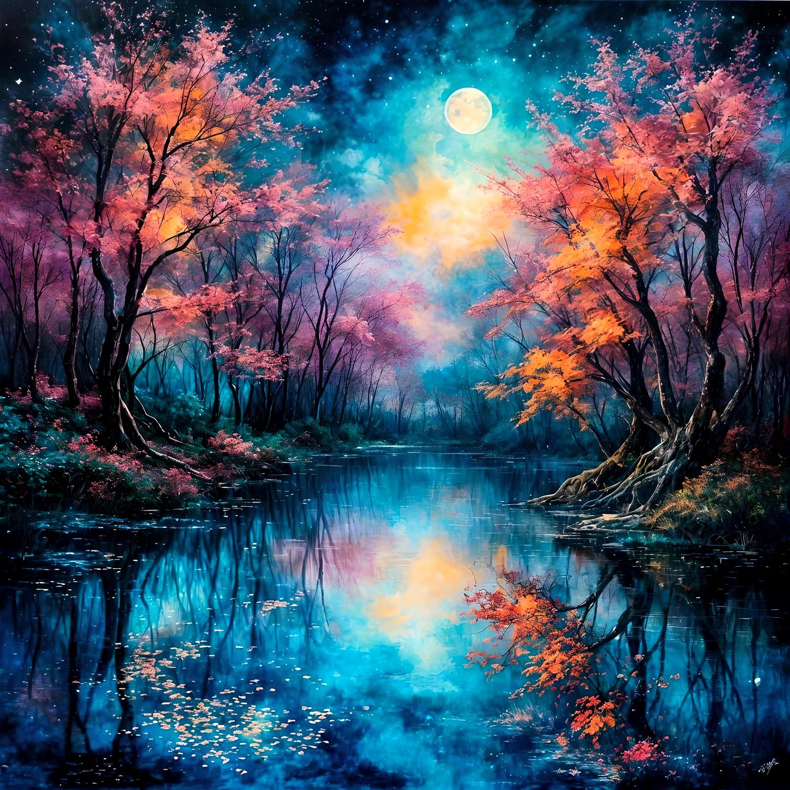 Vibrant Night Lake with Alcohol Ink Sky