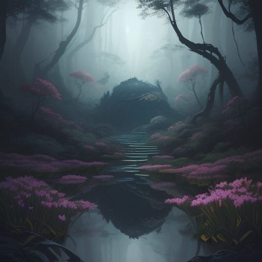 Ethereal Narcissus Blooms in Dark Fantasy Landscape
