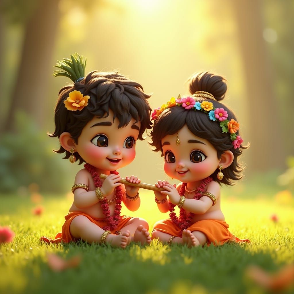 Chibi Krishna and Radha with Flute in Dreamy Aura